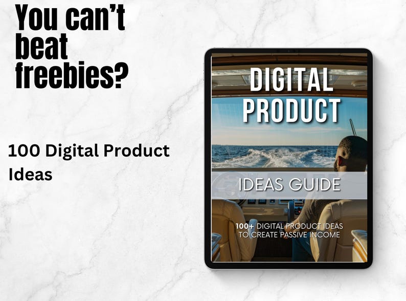 Puede incluir: Una gu&iacute;a de ideas de productos digitales con una portada azul y blanca que muestra un barco en el agua. El texto de la portada dice "Digital Product Ideas Guide" y "100+ Digital Product Ideas to Create Passive Income".