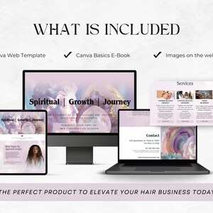 May include: A digital marketing kit for hair stylists and spiritual healers. The kit includes a Canva web template, an e-book on Canva basics, and images for the website. The website design features a pink and purple color scheme with a spiritual theme. The text on the website says "Spiritual Growth Journey".
