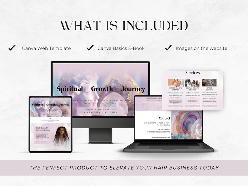 May include: A digital marketing kit for hair stylists and spiritual healers. The kit includes a Canva web template, an e-book on Canva basics, and images for the website. The website design features a pink and purple color scheme with a spiritual theme. The text on the website says "Spiritual Growth Journey".