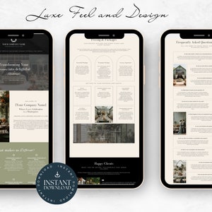 May include: Three screenshots of a website for a wedding planning service. The first screenshot shows the homepage with the text "Transforming your dreams into delightful realities." The second screenshot shows a page with the text "Setting the stage for your guests." The third screenshot shows a page with the text "Frequently Asked Questions (FAQ)."