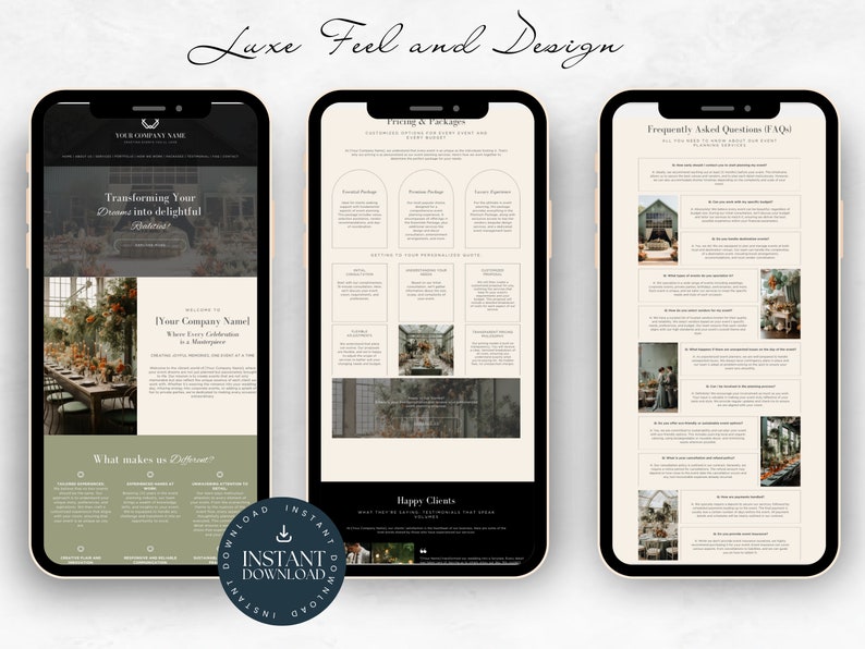 May include: Three screenshots of a website for a wedding planning service. The first screenshot shows the homepage with the text "Transforming your dreams into delightful realities." The second screenshot shows a page with the text "Setting the stage for your guests." The third screenshot shows a page with the text "Frequently Asked Questions (FAQ)."