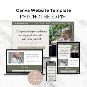 Könnte beinhalten: Eine Canva-Website-Vorlage für einen Psychotherapeuten, angezeigt auf einem Laptop, Tablet und Telefon. Das Design verfügt über eine beruhigende Farbpalette und den Text "Compassionate psychotherapy to help you feel steadier and more yourself."