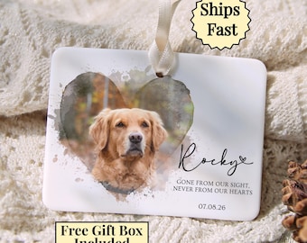 Pet Memorial Ornament with Photo, Watercolor Heart Pet Loss Christmas Ornament, Dog Cat Remembrance Keepsake with Name and Date