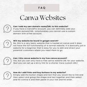 May include: A FAQ page with a question mark icon and text about Canva websites. The text asks questions about adding a custom domain, search engine optimization, free account features, and adding links and buttons.