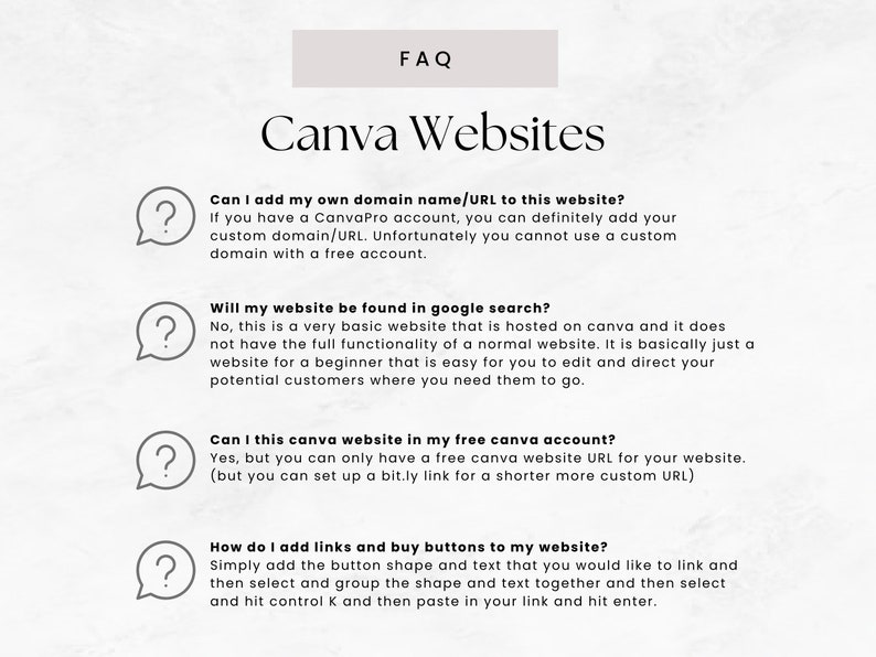 May include: A FAQ page with a question mark icon and text about Canva websites. The text asks questions about adding a custom domain, search engine optimization, free account features, and adding links and buttons.