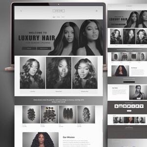 Shopify Theme for Hair Business, Modern Luxury Banners for Shopify Website Template in Dark Grey. Wig Shop or Hair Entrepreneur