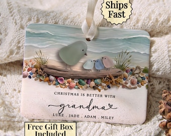 Grandma Ornament with Grandkids Names, Christmas Is Better with Grandma, Sea Glass Beach Birds Keepsake, Gift for Nana from Grandchildren