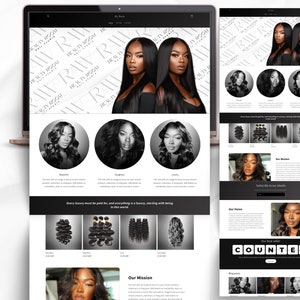 SHOPIFY Theme for Hair Business, Modern White Luxury Banners for Shopify Website Template. Canva template for Wig Shop or Hair Entrepreneur
