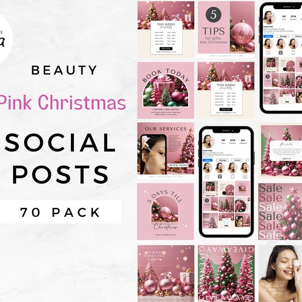 Pink Christmas Beauty Social Media Template for Estheticians, Christmas Sale, Promotional Instagram Design Graphics Instant Download