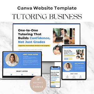 Könnte beinhalten: Eine Canva-Website-Vorlage für ein Nachhilfeunternehmen, dargestellt auf einem Laptop, Tablet und Telefon. Das Design verwendet ein blaues und weißes Farbschema mit dem Text "One-to-One Tutoring That Builds Confidence, Not Just Grades."