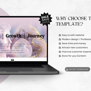 May include: A laptop computer displaying a website template for a spiritual growth and journey business. The website features a pink and gold background with a crystal image and the text "Spiritual | Growth | Journey". The website also includes a call to action to schedule a free 20-minute exploration session. The text "Why Choose This Template?" is displayed on the right side of the screen, along with a list of benefits, including easy to edit website, modern design, save time and money, attract new customers, improve customer experience, and done for you content. The text "Instant Download" is displayed at the bottom of the screen.