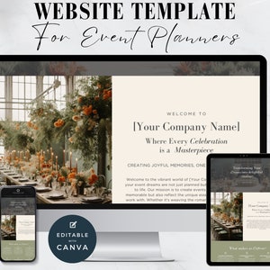 May include: Website template for event planners, featuring a desktop computer, tablet, and phone mockup displaying a website design with a floral arrangement and the text "Welcome to [Your Company Name] Where Every Celebration is a Masterpiece". The template is editable with Canva.