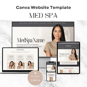 Puede incluir: Una plantilla de sitio web de Canva para un Med Spa, que se muestra en varios dispositivos. El diseño presenta a una mujer con una blusa beige, con el texto "MedSpa Name" y "Our Services". La plantilla es editable con Canva.