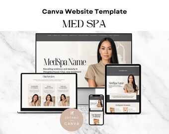 May include: A Canva website template for a Med Spa, showcasing a modern design across multiple devices. The design features a woman in a beige top, with the text "MedSpa Name" and "Our Services". The template is editable with Canva.