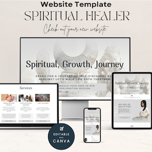 Spirituele genezer Canva Website-bestemmingspagina, professionele Canva-sjabloon voor natuurkundige ondernemers. Kristaltherapie zakelijke verkooppagina