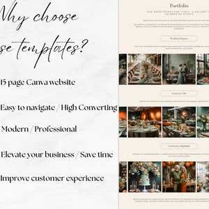 May include: A checklist of reasons to choose Canva website templates. The list includes: 15 page Canva website, easy to navigate/high converting, modern/professional, elevate your business/save time, and improve customer experience.