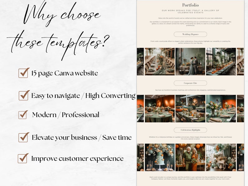 May include: A checklist of reasons to choose Canva website templates. The list includes: 15 page Canva website, easy to navigate/high converting, modern/professional, elevate your business/save time, and improve customer experience.