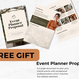 May include: A 4-page document titled "Event Planner Proposal" with a green and white floral design. The document includes sections for introduction, about us, event overview, services offered, and a proposed timeline.
