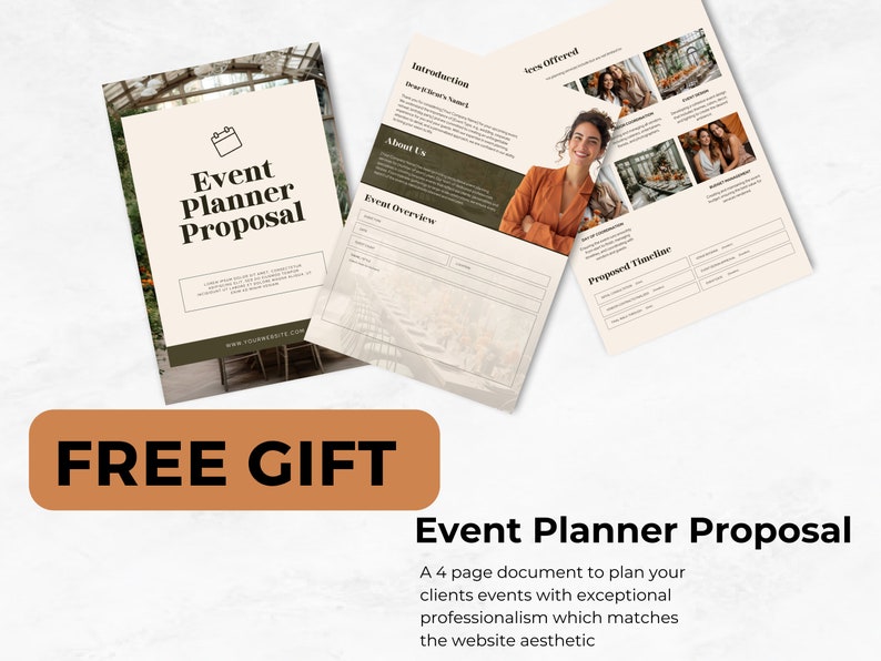 May include: A 4-page document titled "Event Planner Proposal" with a green and white floral design. The document includes sections for introduction, about us, event overview, services offered, and a proposed timeline.