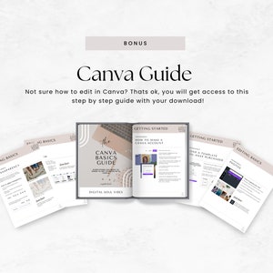 May include: A Canva Guide with the text "The Canva Basics Guide: Everything you need to know to create in Canva" and "Digital Soul Vibes". The guide includes sections on editing basics, transparency, photos, getting started, how to make a Canva account, and how to load a template you have purchased.