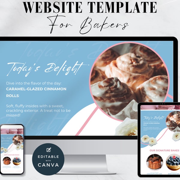 Blue, Pink Canva Website Template for Bakeries | Canva Sales Landing Page for Bakers, Patisseries or Coffee Shops | Luxury Pre Made Website