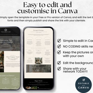 May include: Two phone screens displaying a website template for a business. The template is designed for a company that provides event planning services. The text on the screen says "Transforming Your Dreams into Delightful Realities". The template is customisable in Canva.