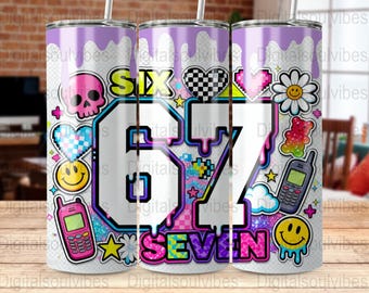 Six Seven 6 7 デジタル 20オンス スキニータンブラーラップ PNG、Y2K 2000年代デザイン、レトロな携帯電話用スカルスマイリークリップアート、すぐにダウンロードできる画像