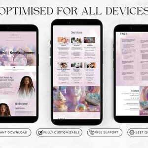 May include: A website mockup for a spiritual growth and journey service. The website features a pink and purple color scheme with a crystal background. The text on the website includes "Spiritual Growth | Journey", "What Makes My Approach Unique", "Welcome! I'm Celeste", "Services", "FAQ's", and "Contact".