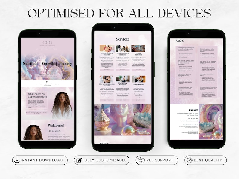 May include: A website mockup for a spiritual growth and journey service. The website features a pink and purple color scheme with a crystal background. The text on the website includes "Spiritual Growth | Journey", "What Makes My Approach Unique", "Welcome! I'm Celeste", "Services", "FAQ's", and "Contact".