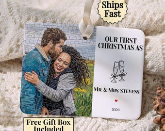 Custom Mosaic Photo Ornament, Mr and Mrs Last Name First Christmas Ornament 2026, Couple Portrait Art Keepsake, Newlywed Gift with Photo