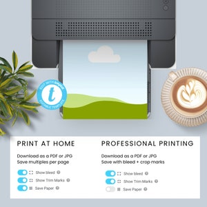 Puede incluir: Una plantilla imprimible para una descarga digital. La imagen muestra una impresora con una hoja de papel con un dise&ntilde;o de paisaje verde y azul. El texto en la imagen dice "Edit with Template" y "Editable Template". El texto debajo de la imagen dice "Imprime en casa" y "Impresi&oacute;n profesional" con opciones para "Mostrar sangrado", "Mostrar marcas de recorte" y "Guardar papel".