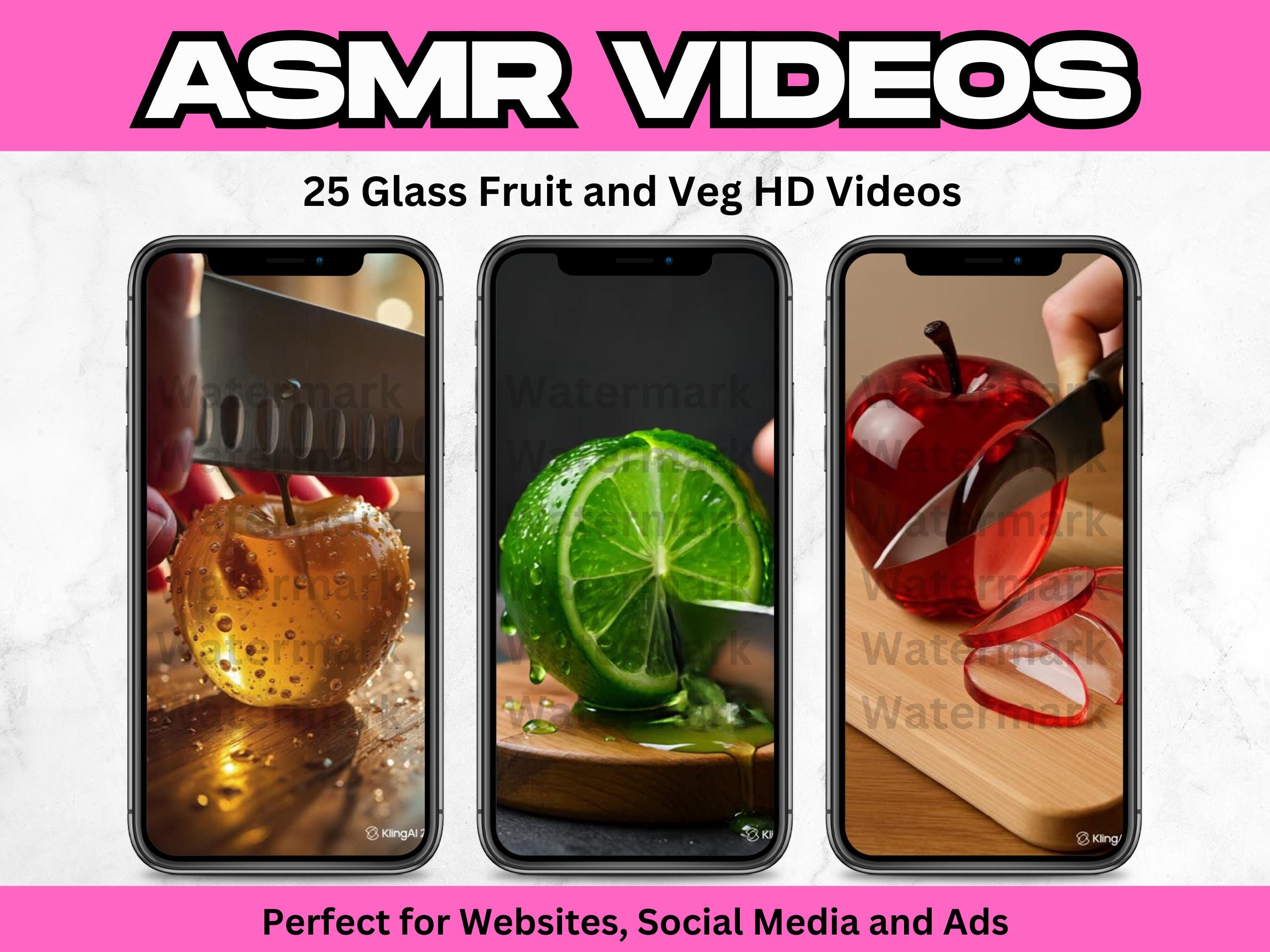 Filmy ASMR, satysfakcjonujące klipy z owocami i warzywami ze szkła na TikTok, Instagram, krótkie filmy na YouTube, wirusowe rolki, treści w tle