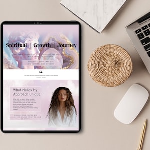 May include: A tablet computer displaying a website for a spiritual growth and journey service. The website features a pink and purple background with a quote and a call to action to schedule a free 20-minute exploration session. The text "Spiritual | Growth | Journey" is displayed at the top of the screen.