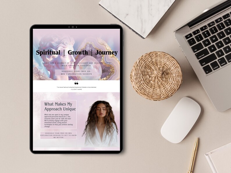 May include: A tablet computer displaying a website for a spiritual growth and journey service. The website features a pink and purple background with a quote and a call to action to schedule a free 20-minute exploration session. The text "Spiritual | Growth | Journey" is displayed at the top of the screen.