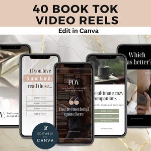 May include: Image showing five smartphones with BookTok video reel templates. The text at the top says "40 BOOK TOK VIDEO REELS Edit in Canva." Each phone displays a unique design, with text such as "If you love found family, read these..." and "Insert emotional quote here."