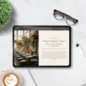 May include: A tablet computer displaying a website for a company called "[Your Company Name]" with the tagline "Where Every Celebration is a Masterpiece." The website features a photo of a beautifully decorated table setting in a greenhouse.