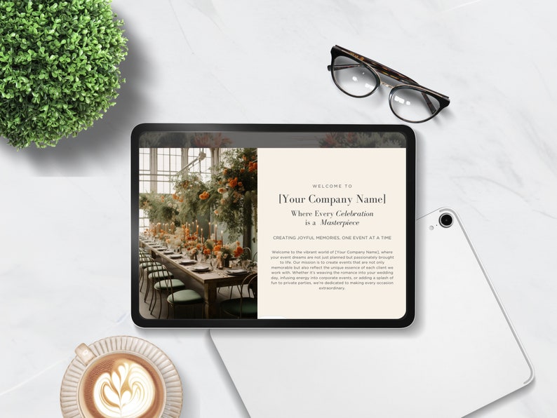 May include: A tablet computer displaying a website for a company called "[Your Company Name]" with the tagline "Where Every Celebration is a Masterpiece." The website features a photo of a beautifully decorated table setting in a greenhouse.