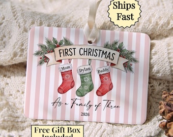 Family of Three Christmas Ornament, Personalized Stocking Names, First Christmas as a Family, Ceramic Keepsake for New Parents