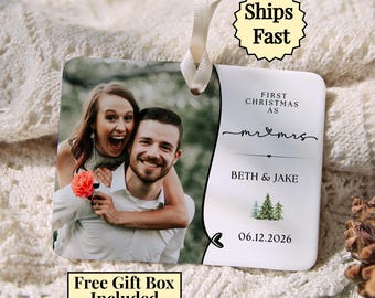 First Christmas Married Ornament, Mr and Mrs Photo Ornament, Personalized Couple Name and Date Keepsake, Gift for Husband and Wife