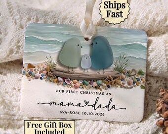 New Parents Ornament, First Christmas as Mama and Dada, Sea Glass Beach Birds Newborn Keepsake with Name, New Mom and Dad Gift