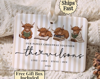 Family Christmas Ornament, Highland Cow Christmas Ornament, Custom Family Names Keepsake, Bookish Reading Cows Gift