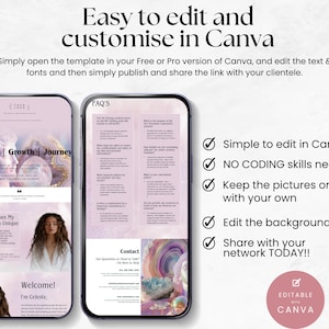 May include: A digital marketing template for a spiritual growth journey. The template features a pink and white marble background with the text "Spiritual Growth Journey" and "What Makes My Approach Unique". The template is editable in Canva and includes a section for FAQs and contact information.