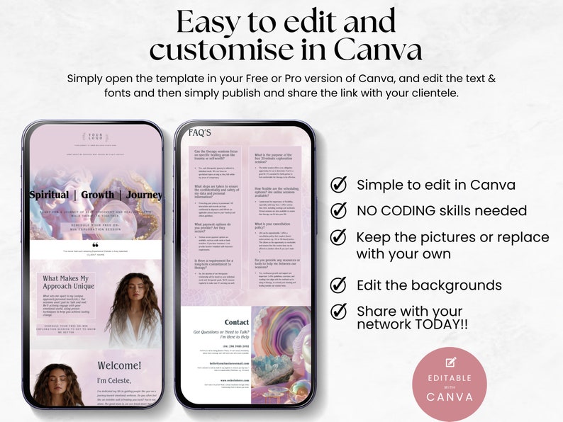 May include: A digital marketing template for a spiritual growth journey. The template features a pink and white marble background with the text "Spiritual Growth Journey" and "What Makes My Approach Unique". The template is editable in Canva and includes a section for FAQs and contact information.