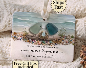 Promoted to Grandparents Christmas Ornament, Pregnancy Announcement for Nana and Papa, Sea Glass Beach Birds Keepsake, Baby Due Date Gift