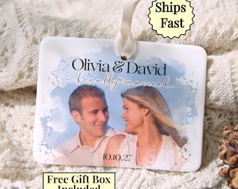 Wedding Photo Ornament, Newlywed Christmas Ornament, Finally Married Custom Couple Keepsake, Ceramic Gift with Names and Date