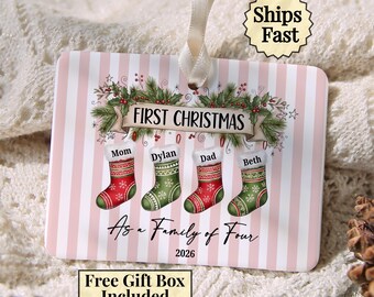 Family of Four Christmas Ornament 2026, First Family of Four Keepsake with Names, Second Baby Gift for Parents of Two, Ceramic Stockings