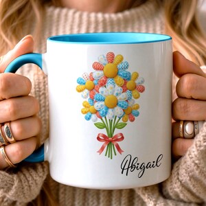Personalised Flower Bouquet Mug, Vibrant Patchwork Fabric Floral Design, Cheerful Handmade Look Gift for Her