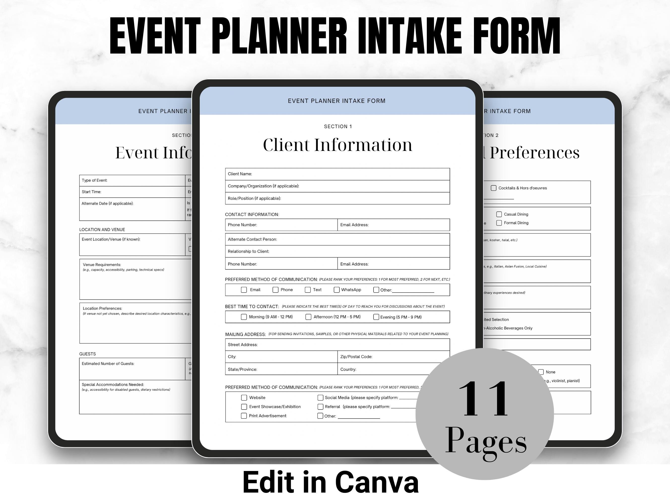 Editable Event Planner Questionnaire - Customizable Client Intake Form ...
