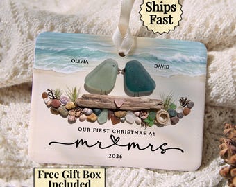 Beach Wedding Ornament 2026, Sea Glass Birds First Christmas as Mr and Mrs, Coastal Wedding Gift, Custom Names Beach Keepsake
