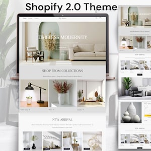 Op de afbeelding: Een website-homepage voor een online winkel die woonaccessoires verkoopt. De website heeft een minimalistisch ontwerp met een witte achtergrond en een lichtgrijze koptekst. De koptekst bevat de naam van de winkel, "My Store", en een zoekbalk. De homepage toont een grote bannerafbeelding van een woonkamer met een witte bank en een groot raam. De bannerafbeelding wordt vergezeld door de tekst "Timeless Modernity". Onder de bannerafbeelding bevinden zich drie secties: "Shop from Collections", "New Arrival" en "Best Sellers". Elke sectie toont een raster met productafbeeldingen. De website bevat ook een voettekst met links naar de social media-pagina's van de winkel en contactgegevens.